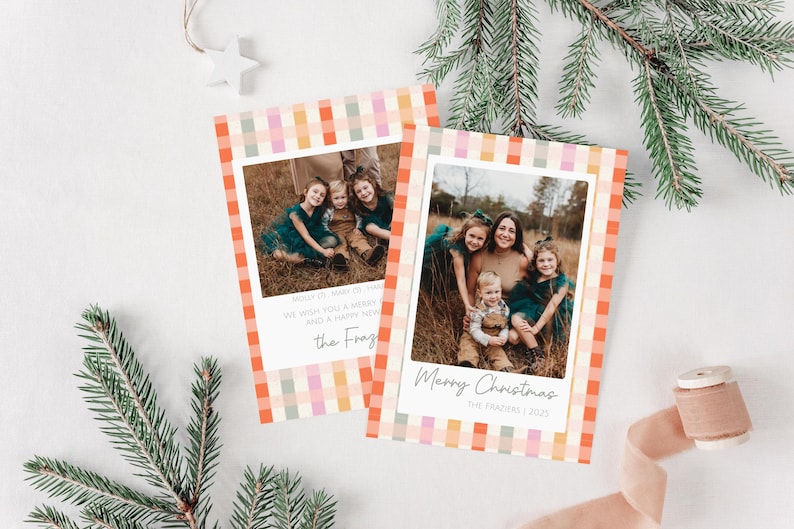 May include: Two Christmas cards with family photos. The cards have a colorful plaid border in orange, pink, and green. One card says "Merry Christmas" and the other says "We wish you a Merry and a Happy New Year."
