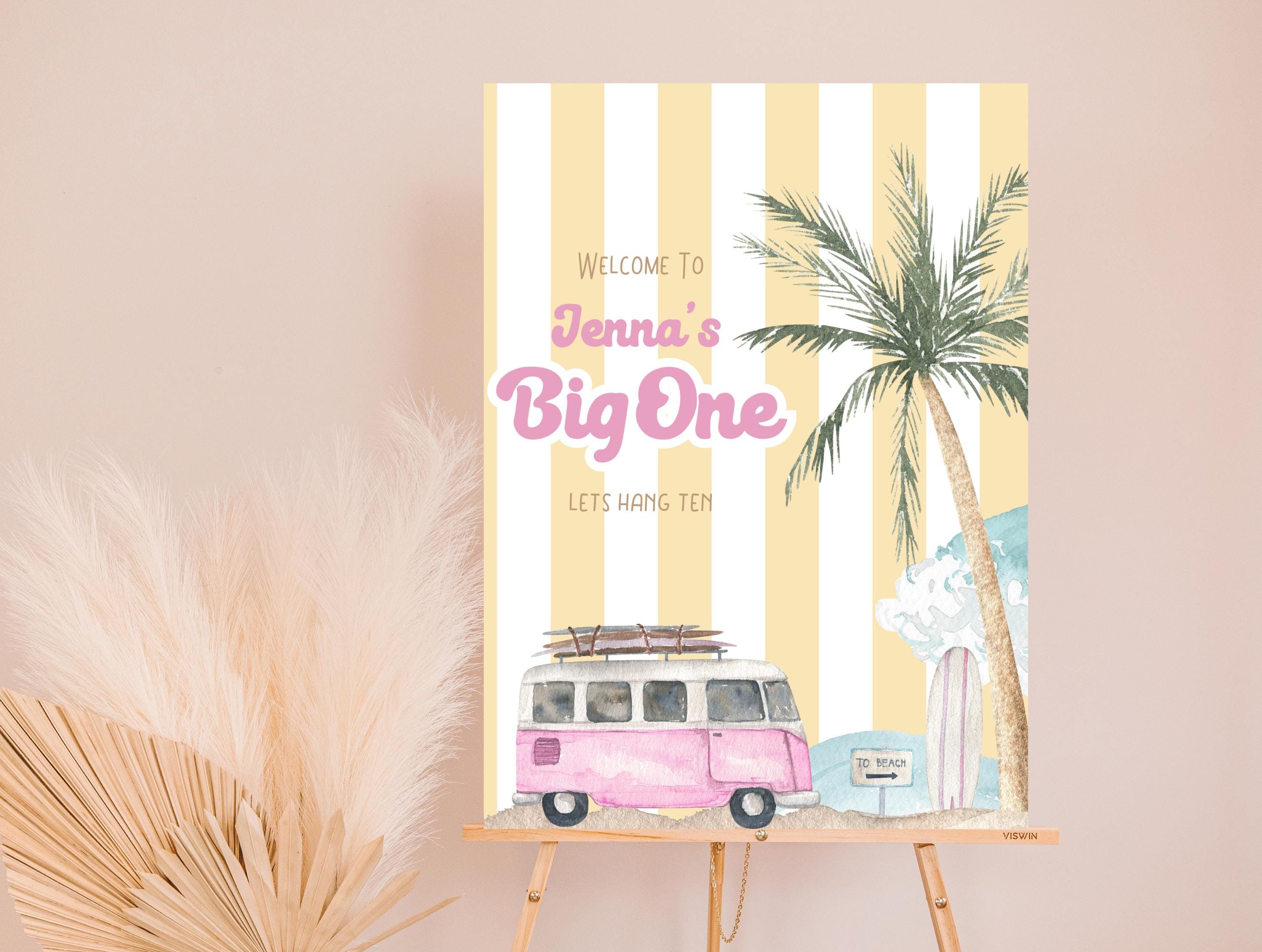 The Big One Birthday Welcome Sign, Girls Surfer Theme Decor, Bday Party Printable Sign Template, Pink and Yellow Editable Sign, Downloadable