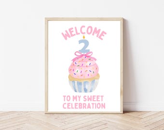 Två söta födelsedagsskyltar, flickors 2-årsfest, rosa cupcakes, utskrivbar skyltmall, redigerbar födelsedagsskylt, nedladdningsbar, födelsedagsdekor