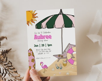 Editable Retro Beach Birthday Invite, Girls Pink Beach Theme bday party invitation, Summer bday party, Printable invitation template