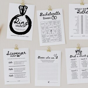 Op de afbeelding: Een set met printbare bachelorette-partyspellen, waaronder een ringenjacht, bingo, zou ze liever, een speurtocht, raad wie ik ben en pak een drankje als. De spellen zijn afgedrukt op wit papier met zwarte inkt.