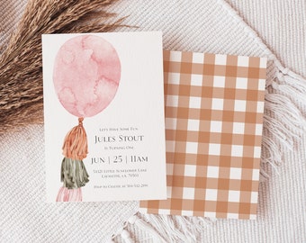 Girls First Birthday Invitation, Simple Design Bday Invite, Pink Tassel Balloon, Printable Invitation Template, Minimalist Girls 1st bday DL