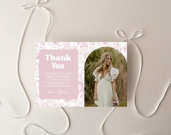 Pink Toile Graduation Thank You Card Template, Editable Canva Grad Thank You, Class of 2026 Photo Thank You Card