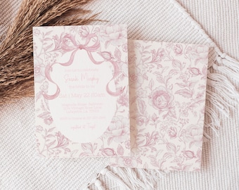 Pink Floral Chinoiserie bridal shower invitations, Toile De Jouy bridal shower, Downloadable bridal shower invite, Vintage Pink Bow Template