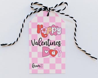 Kids Valentines Tag, Printable Classroom Vday Gift, DIY Valentines, Party Favor Gift Tag, Downloadable, Pink Checkered Girls Valentine DL