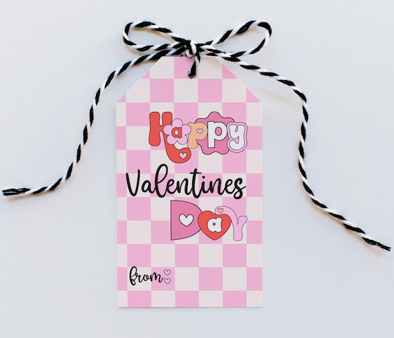 Kids Valentines Tag, Printable Classroom Vday Gift, DIY Valentines, Party Favor Gift Tag, Downloadable, Pink Checkered Girls Valentine DL