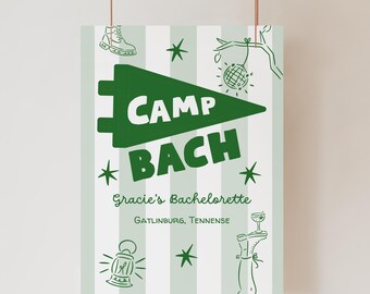 Editable Bachelorette Welcome Sign, Camp Bachelorette Theme, Green Cabana Stripes, Illustrated Text, Downloadable Outdoorsy Bach Decorations