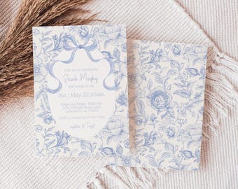 Blue Floral Chinoiserie bridal shower invitations, Something blue before I do bridal shower, Downloadable bridal shower invite, Blue Bow