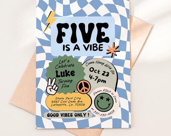 Redigerbar Five Is a Vibe födelsedagsinbjudan, utskrivbar pojke 5-årsdagsinbjudan, retro rutig födelsedagsfest