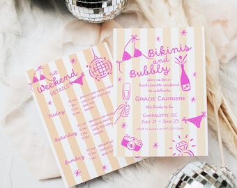 Pink and Orange Bachelorette Invitation Template, Editable Beach Bach Invite with Itinerary Card, Summer Bachelorette Weekend