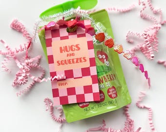 Hugs and Squeezes, Valentine Printable, Squeeze Pouch Valentines Tag, Preschool Classroom Vday Treat, Daycare Non Candy Valentines, Vday Tag