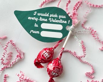 Cherry Valentine Printable, Kids Classroom Valentines Favors, School Valentine Gifts, Sucker Valentine Card, DIY Valentines, Green Leaf Tag