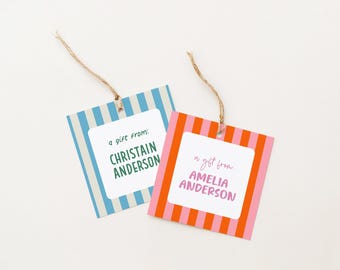 Personalized Gift Tag Bundle  |  Editable Kids Gift Tag Templates  |  Printable Name Label for Birthdays  |  Striped Square Tags for Gifting