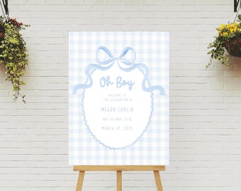Decoraciones para baby shower "Oh Boy", letrero de bienvenida para baby shower en azul empolvado, letrero editable de cuadros vichy clásico para baby shower, plantilla de letrero de 18 x 24 pulgadas.