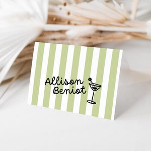 Tini Older Birthday Decorations, Women Martini Name Cards, Editable Card Placement Template, Olive Green Striped Background, Martini Glass
