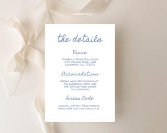 Plantilla de tarjeta de detalles de boda con flores vintage de 4x6 editable en Canva / Tarjeta de información de boda azul imprimible / Inserto de invitación a juego