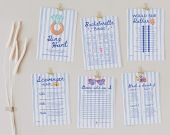 Editable Bachelorette Party Games Bundle, Blue Striped Bach Games Printable, Would She Rather, Bingo, Scavenger Hunt, Ring Hunt