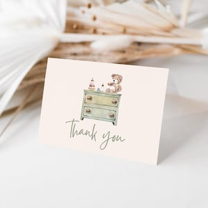 Biglietti di ringraziamento modificabili per il baby shower "Oh Boy", baby shower verde salvia, biglietti coordinati per il baby shower in stile vintage boho, baby shower a tema orsacchiotto, scaricabili