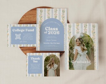 Floral Stripe Graduation Invitation Bundle Template, Editable Canva Grad Party Suite, Class of 2026 Photo Announcement Set