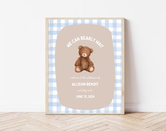 Bear Baby Shower Welcome Sign Printable | We Can Bearly Wait | Baby Boy Shower Decor | Teddy Bear Baby Shower Sign | Instant Download