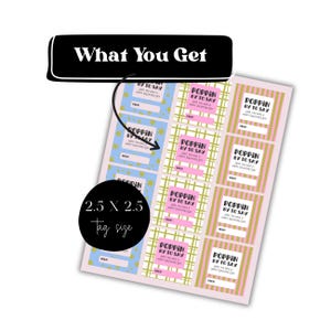 May include: A sheet of Valentine's Day gift tags with the text "POPPIN BY TO SAY" and "LOVE YOU HAVE A HAPPY VALENTINE'S DAY". The tags are 2.5 x 2.5 inches and feature various designs, including stars and plaid patterns.