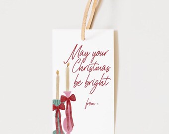Christmas Candle Gift Tag,  Printable Holiday Tag Template, May Your Christmas Be Bright, Red Christmas Bow , Instant Digital Download