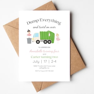 Sibling Birthday Invitation, Editable Bday Invite, Boys and Girl Party, Trucks and Tutus Theme, Printable Invitation Template, Instant DL