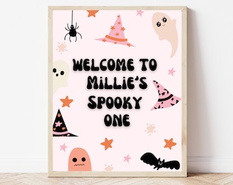 Spooky ONE Birthday Sign Template, Editable She's a Spooky One 1st Bday Welcome Sign, Girls Printable  Pink Halloween First Birthday Sign