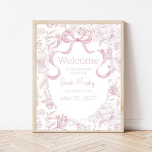 Vintage babyshowerbord, bewerkbaar welkomstbord, roze bloemen babyshowerdecor, afdrukbare bewegwijzering, zomerdouche, chinoiserie toile de jouy