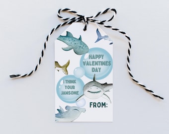 May include: A white gift tag with a blue and green shark illustration. The tag reads "Happy Valentines Day" and "I think your jam-some".