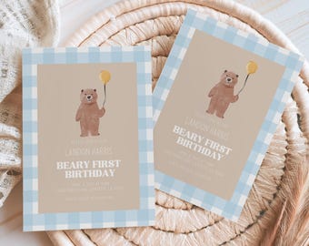 Bear theme first birthday party, Beary First Boys birthday invite, Boy firstbirthday, Editable downloadable invite, Blue Gingham Invitation