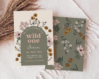 Girls Wild One Invite, Wildflower Bday Invitation, Boho Daisy Birthday, Girls First Bday, Printable Invitation Template, Digital Download