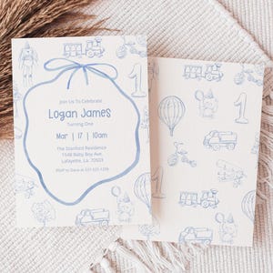 Dusty Blue Birthday Invite, Chinoiserie Toile De Jouy, Boy First Birthday Invitation Template, Editable Download, Blue and White Vintage