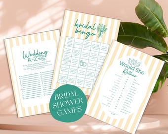 Puede incluir: Tres juegos de despedida de soltera sobre un fondo a rayas amarillo claro. Los juegos incluyen "Wedding A-Z", "Bridal Bingo" y "Would She Rather". El texto es de color verde azulado. Un círculo verde azulado con las palabras "Bridal Shower Games" está en la parte inferior.