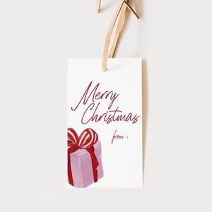 Christmas Gift Tag,  Printable Holiday Tag, Pink Gift, Red Bow, Whimsical X-Mas Tag, Instant Digital Download, Teacher Gift, Hostess Present