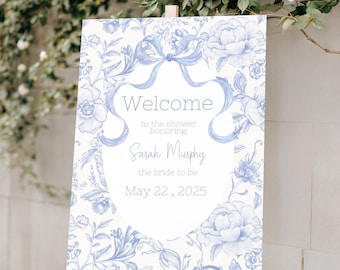 Blue Floral Chinoiserie bridal shower welcome sign, Something blue before I do bridal shower, Downloadable bridal shower sign, Blue Bow Sign