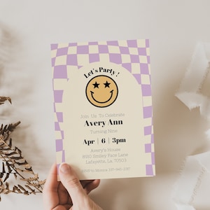Editable smiley face invite, smiley face birthday, emoji invitation, smiley face invite, tween birthday, retro smiley face, happy face bday