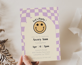 Editable smiley face invite, smiley face birthday, emoji invitation, smiley face invite, tween birthday, retro smiley face, happy face bday