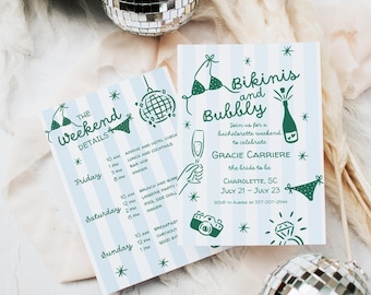 Bikinis and Bubbly Bachelorette Invitation Template, Editable Beach Bach Invite with Itinerary Card, Coastal Bridal Weekend