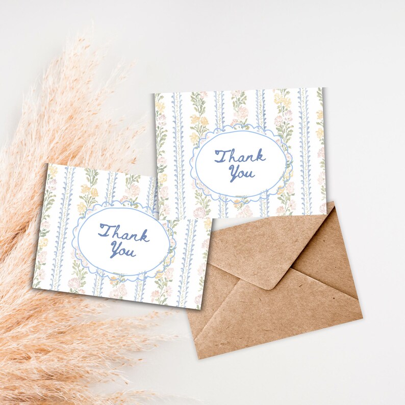 Printable Floral Thank You Card | Blue Vintage Flower Thank You Note ...
