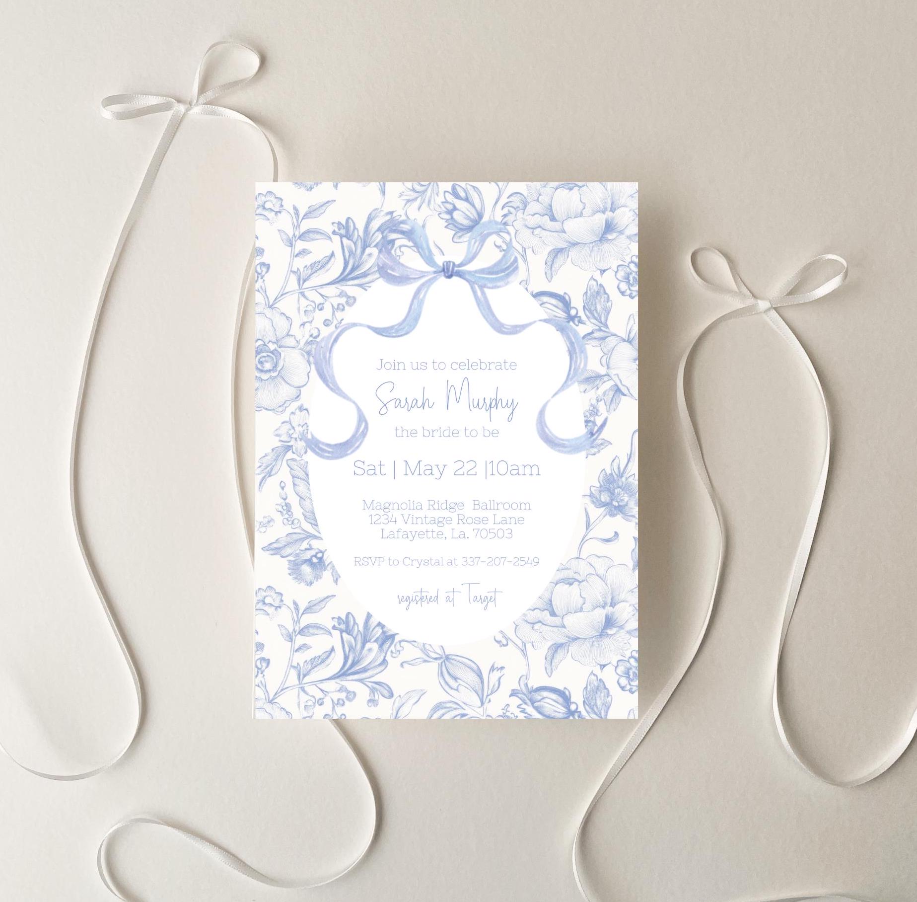 Blue Floral Chinoiserie bridal shower invitations, Something blue before I do bridal shower, Downloadable bridal shower invite, Blue Bow