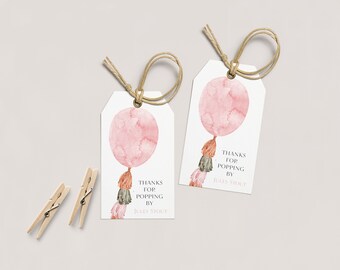 May include: Two pink watercolor balloon thank you tags with brown tassels. The text on the tags reads "Thanks for popping by Jules Stout".