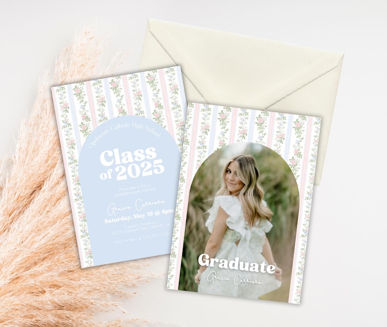 Floral afstuderen uitnodigingssjabloon, pastel Class of 2026-aankondiging, bewerkbare uitnodiging voor seniorenfeest afbeelding 2