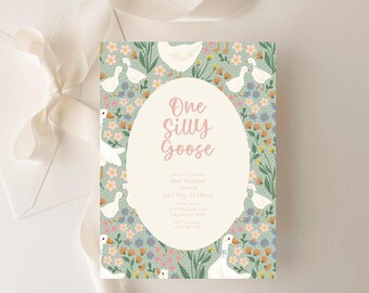 One Silly Goose Birthday Invitation, Editable First Birthday Invite, Goose Party Invitation Template, Girl 1st Birthday Printable Invite