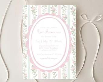 Puede incluir: Una invitación a una fiesta de bienvenida al bebé con estampado floral rosa y verde con un borde ovalado festoneado. La invitación dice "Join Us To Celebrate Lexi Arceneaux The Mama To Be Sat | May 22 | 10am Magnolia Ridge Ballroom 1234 Vintage Rose Lane Laferente, La 70563 RSVP to Allison at 337-207-2549 registered at amazon."