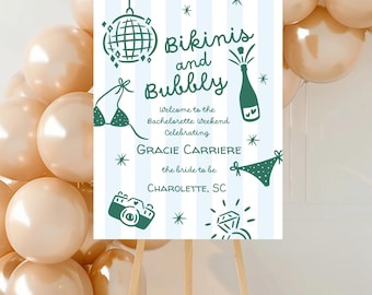 Bikinis and Bubbly Bachelorette Welcome Sign Template, Editable Beach Bach Party Sign, Bridal Weekend Decor, Downloadable Bach Decorations