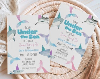 Under the sea birthday invitation, sibling bday invite, shark and mermaid theme , printable invite, Editable invitation template, digital dl