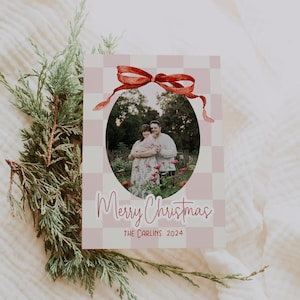 Sjabloon fotokerstkaart, rode strik kerstkaart afdrukbare, roze geruite kaart, bewerkbare kerst afdrukbare, instant digitale download