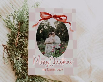Photo Christmas Card Template , Red Bow Holiday Card Printable, Pink Checkered Card, Editable Xmas Printable, Instant Digital Download