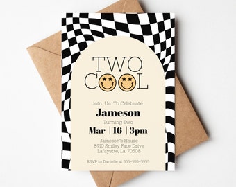May include: A black and white checkered birthday invitation with a yellow smiley face and the text "TWO COOL" and "Join Us To Celebrate Jameson Turning Two Mar | 16 | 3pm Jameson's House 8910 Smiley Face Drive Lafayette, La. 70508 RSVP to Danielle at 555-555-5555".